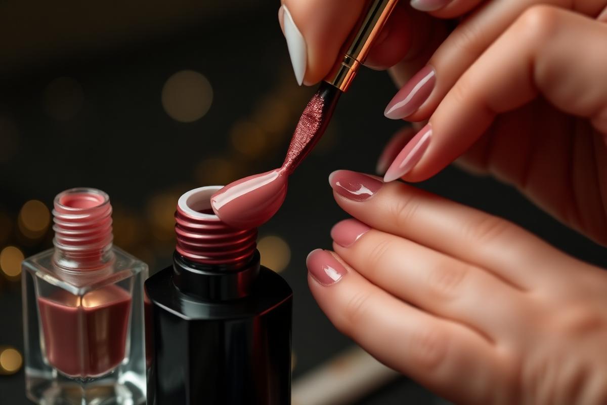 Kalıcı oje uygulaması: rose gold jel ojenin fırçayla tırnağa sürülmesi